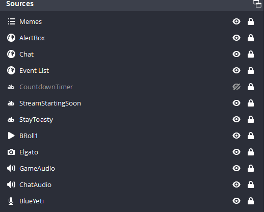 OBS Source Hierarchy with "Memes" at the very top.