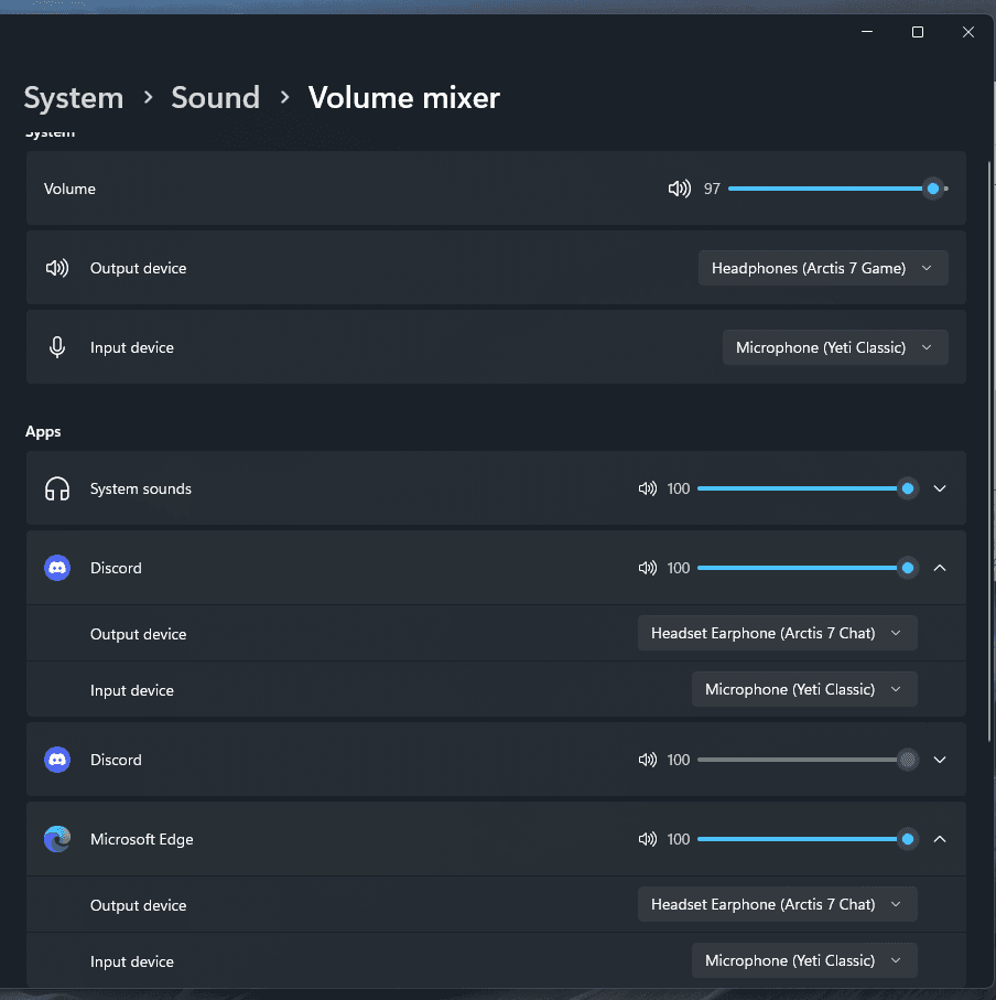 Windows Volume Mixer showing Output and Input settings with Discord and Edge mapped to different outputs and inputs.