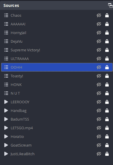 OBS Source Hierarchy for Memes scene with "OOHH" scene hightlighted.