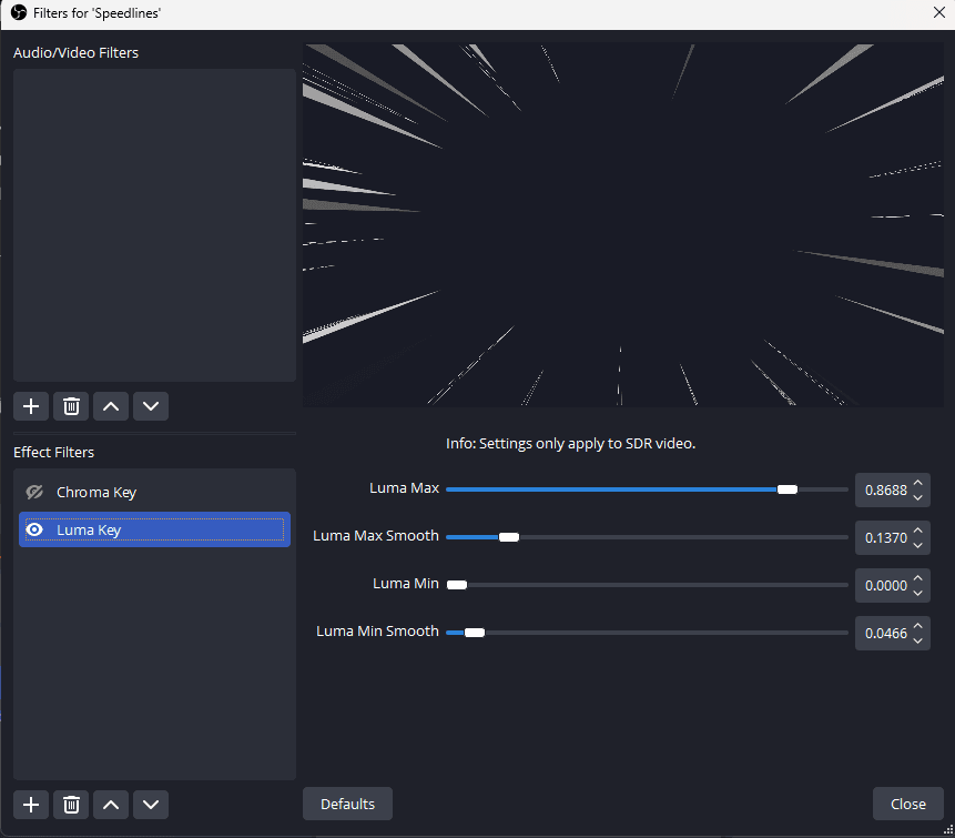 OBS Filters for the Speedlines source showing the Luma key properties.