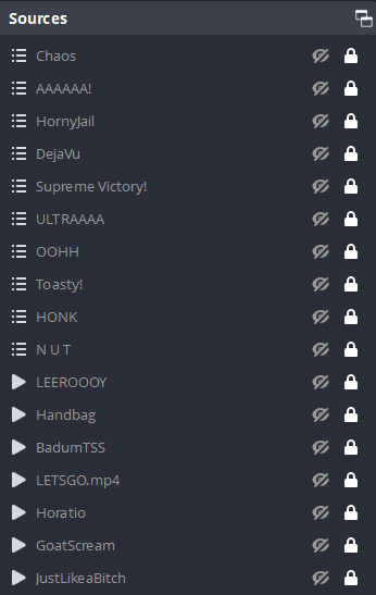 OBS Source Hierarchy for the Memes scene containing different scenes and media sources.