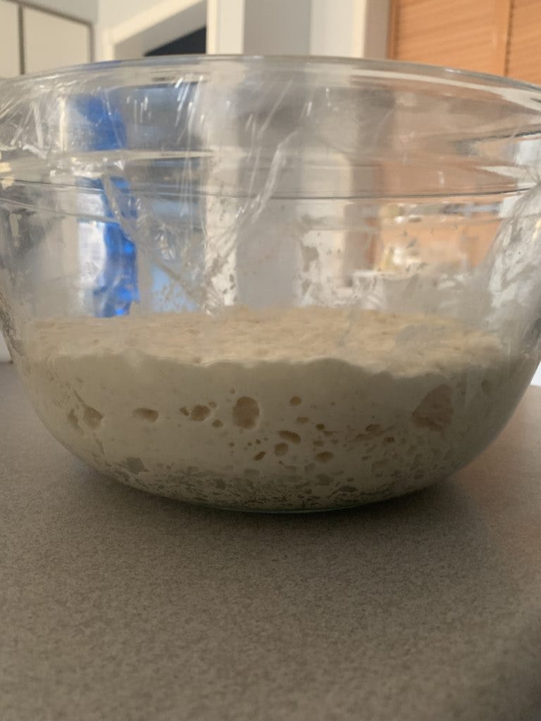 Bowl full of dough bubbling up.