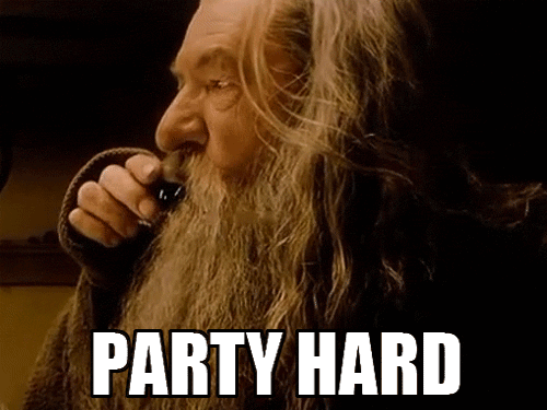 Gandalf getting crunk with "PARTY HARD" flashing on the bottom.