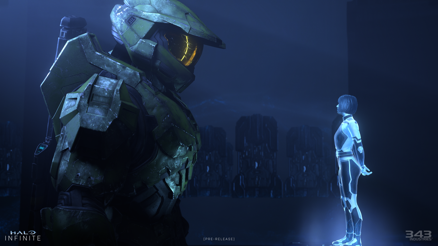Master Chief looking at the Weapon.