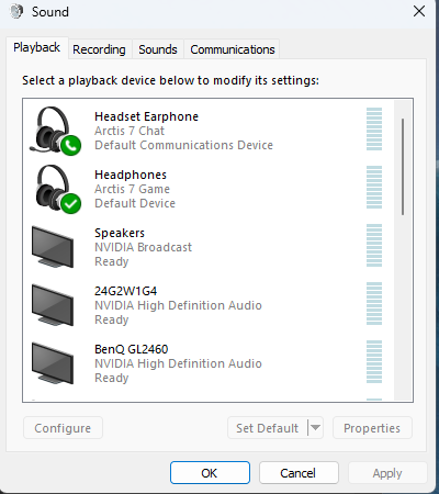 Windows Sound Settings showing Default communication and listening devices