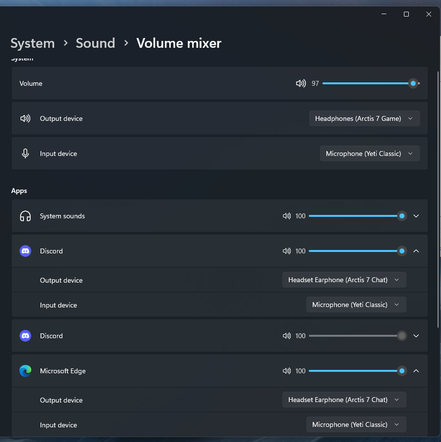 Windows Volume Mixer showing Output and Input settings with Discord and Edge mapped to different outputs and inputs.