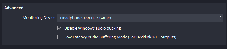 OBS settings showing monitoring device for OBS media sources.