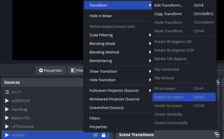 OBS media settings with "transform, stretch to screen" highlighted under the right click menu for Horatio