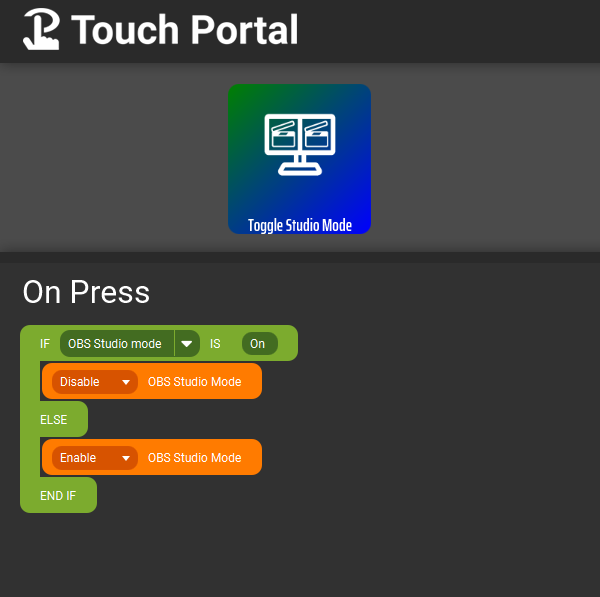 Touch Portal event that turns OBS Studio mode on or off.