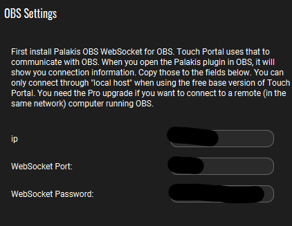 Touch Portal websocket settings