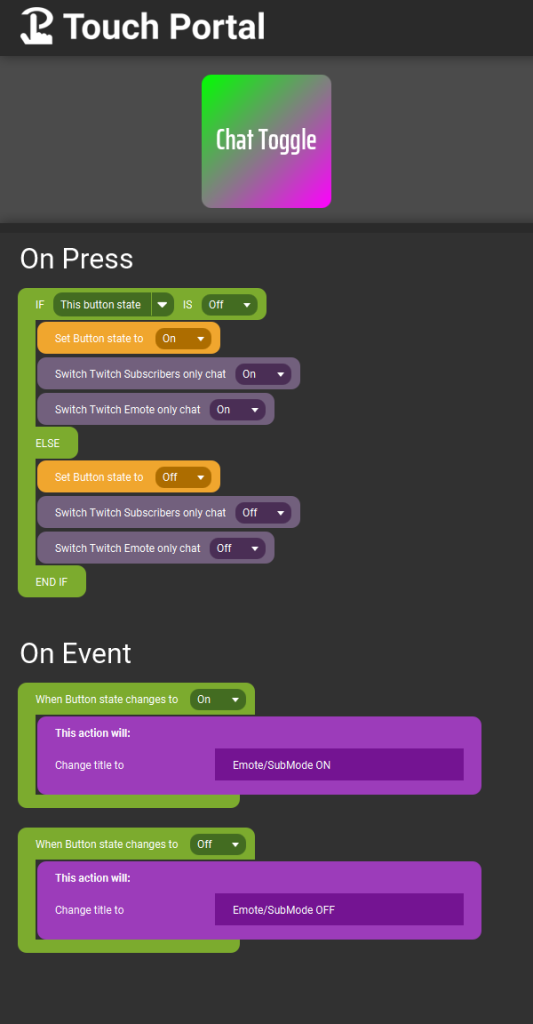 Chat Toggle Button events for Touch Portal