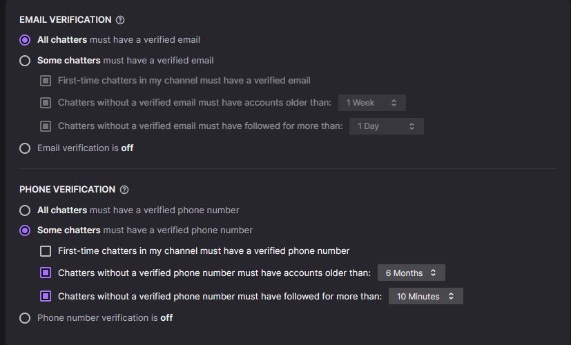 Twitch Security settings for verification of users, divided by Email and Phone Verification
