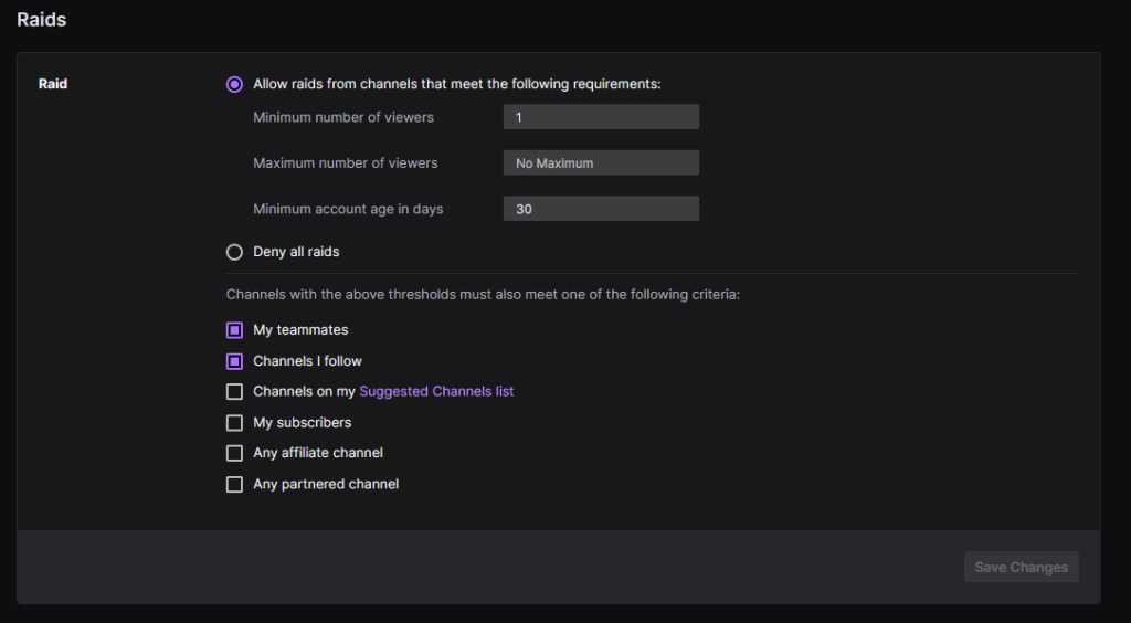 Raid Settings for Twitch, with raids allowed for channels you follow, teammates, and twitch raids with 